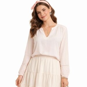 RACHEL ZOE Size Small Pink Linen Cotton Balloon Sleeve Split Band‎ V-neck Blouse